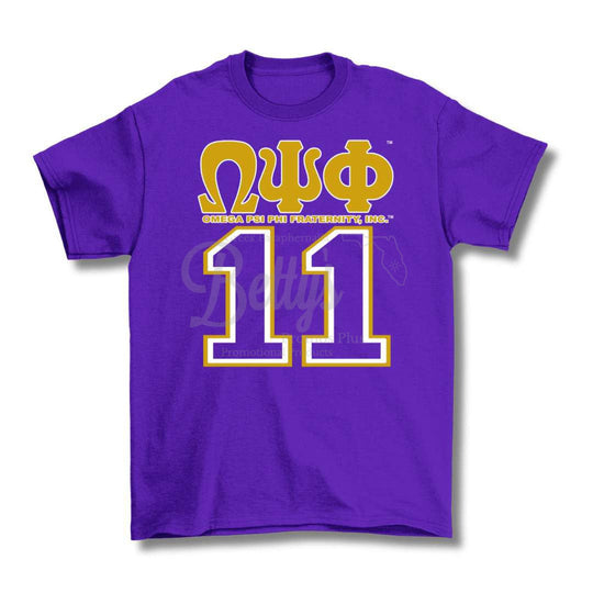 Omega Psi Phi ΩΨΦ 11 with Shield Screen Printed T-ShirtPurple-Small-Betty's Promos Plus Greek Paraphernalia