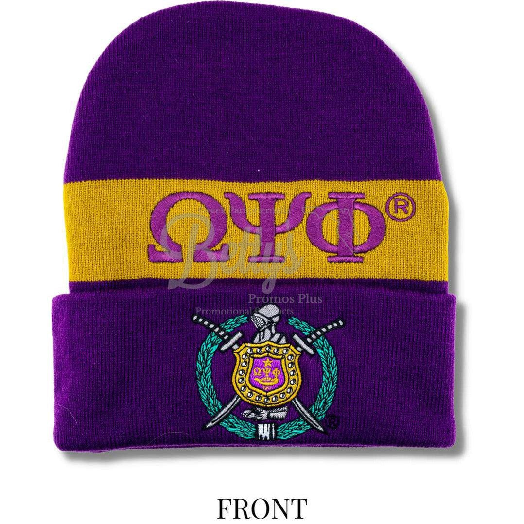 Omega Psi Phi ΩΨΦ 1911 Embroidered Shield Knit Crest BeaniePurple-Betty's Promos Plus Greek Paraphernalia