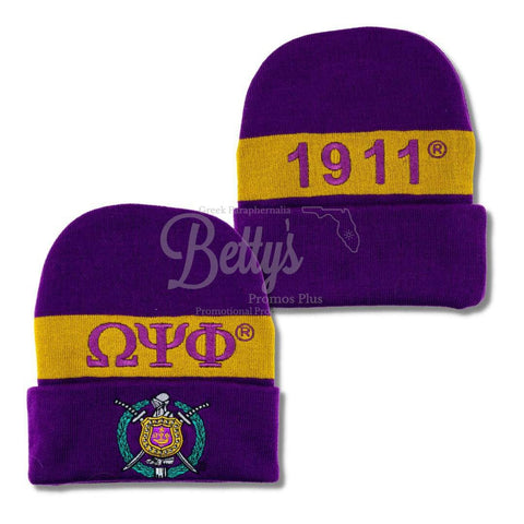 Omega Psi Phi ΩΨΦ 1911 Embroidered Shield Knit Crest BeaniePurple-Betty's Promos Plus Greek Paraphernalia