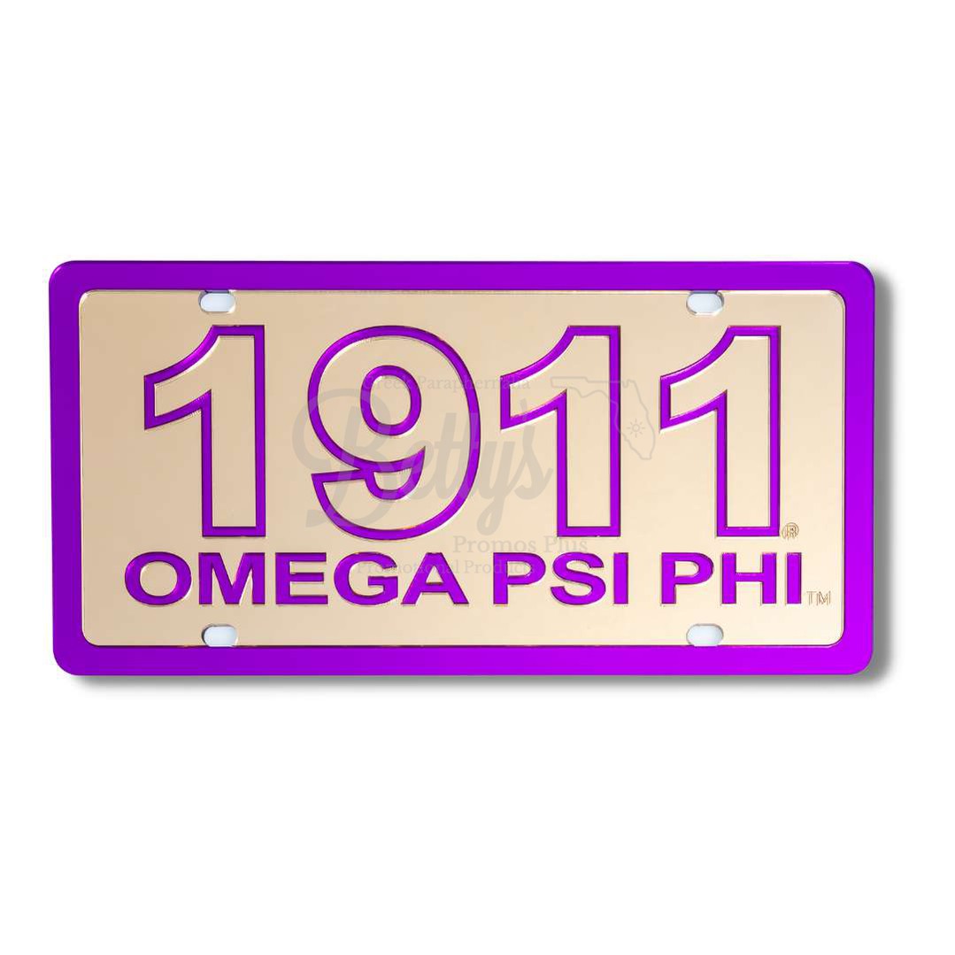 Omega Psi Phi ΩΨΦ 1911 with Omega Psi Phi Acrylic Laser Engraved Auto Tag Car License PlateGold Background-Purple Trim-Betty's Promos Plus Greek Paraphernalia