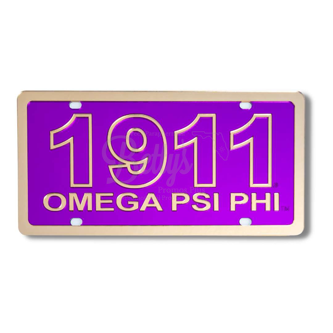 Omega Psi Phi ΩΨΦ 1911 with Omega Psi Phi Laser Engraved Mirrored Acrylic Auto Tag License PlatePurple Background-Gold Trim-Betty's Promos Plus Greek Paraphernalia