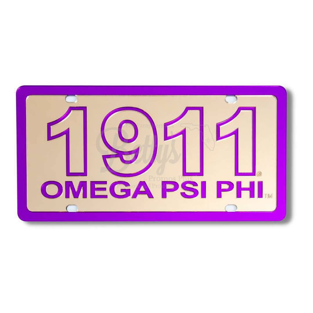 Omega Psi Phi ΩΨΦ 1911 with Omega Psi Phi Laser Engraved Mirrored Acrylic Auto Tag License PlateGold Background-Purple Trim-Betty's Promos Plus Greek Paraphernalia