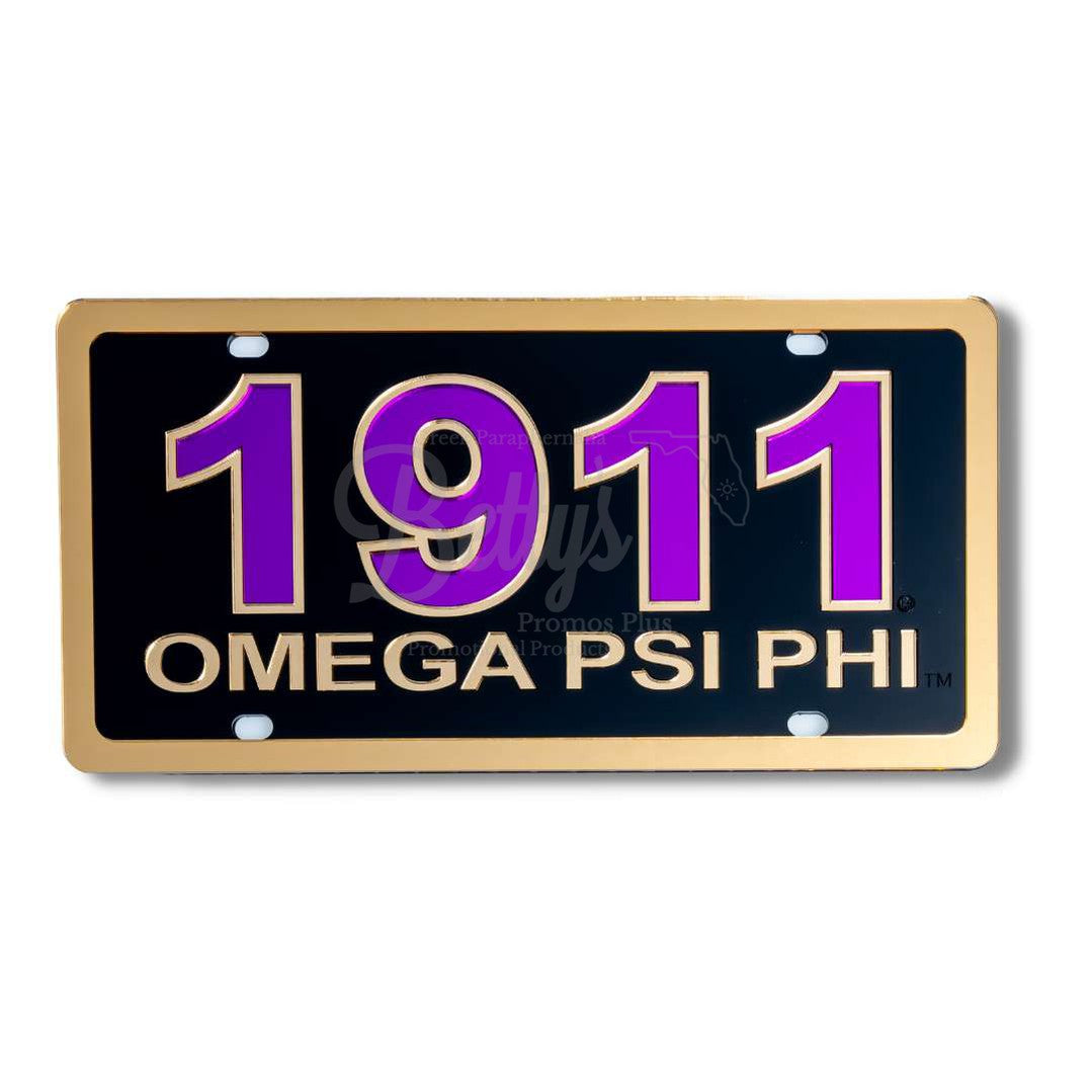 Omega Psi Phi ΩΨΦ 1911 with Omega Psi Phi Laser Engraved Mirrored Acrylic Auto Tag License PlateBlack Background-Gold Trim-Betty's Promos Plus Greek Paraphernalia