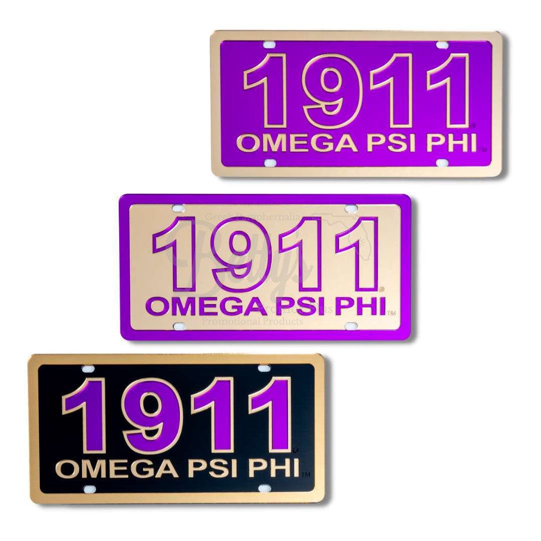 Omega Psi Phi ΩΨΦ 1911 with Omega Psi Phi Laser Engraved Mirrored Acrylic Auto Tag License Plate-Betty's Promos Plus Greek Paraphernalia