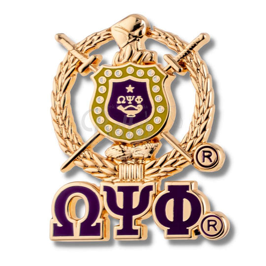 Omega Psi Phi ΩΨΦ 3D Color Shield with Letters Greek Fraternity Lapel PinGold-Betty's Promos Plus Greek Paraphernalia