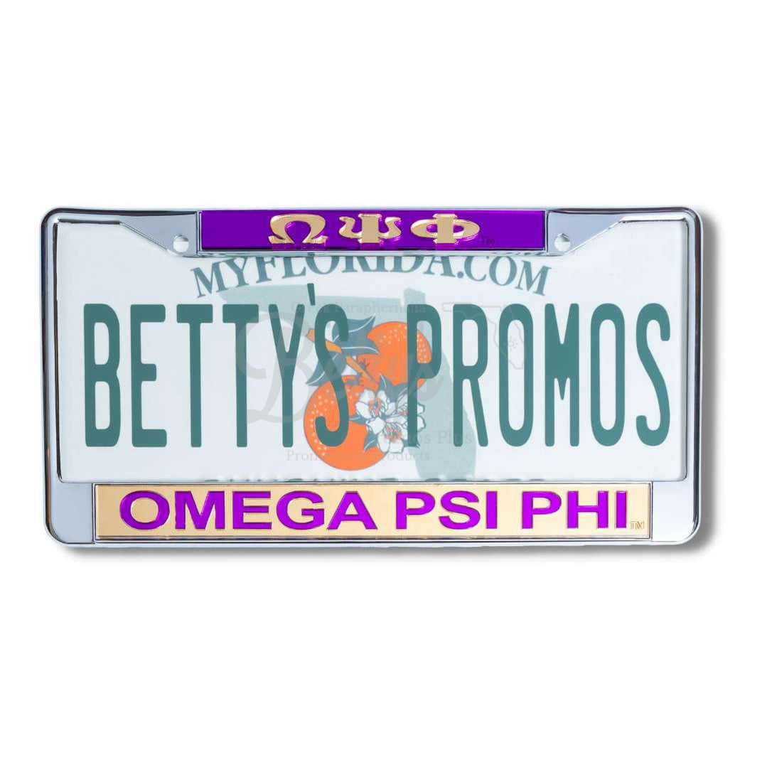 Omega Psi Phi ΩΨΦ Acrylic Mirror Laser Engraved Auto Tag License Plate FramePurple Top-Gold Bottom-Betty's Promos Plus Greek Paraphernalia