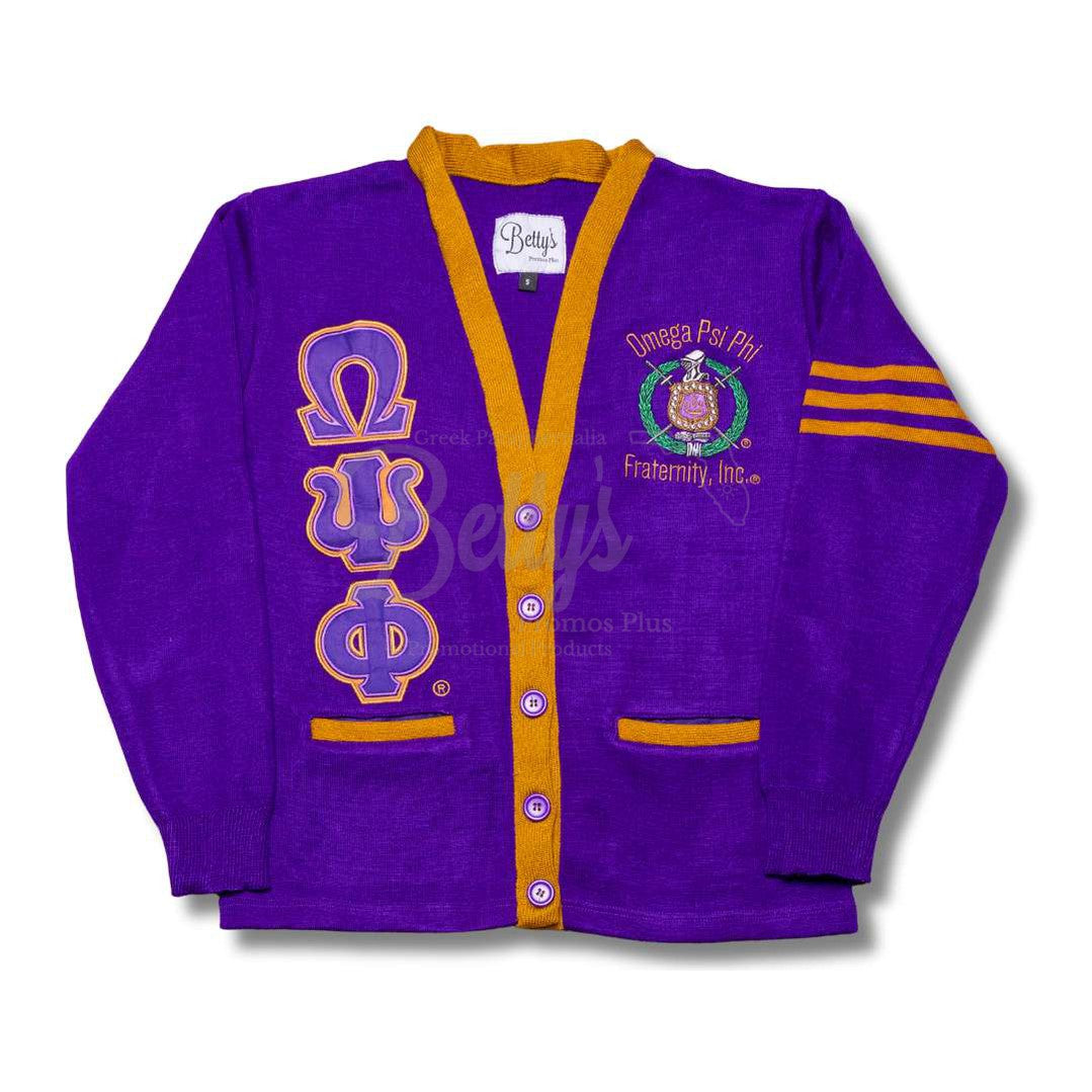 Omega Psi Phi ΩΨΦ Cardigan Sweater with Double Stitched Twill Embroidered Letters & ΩΨΦ ShieldPurple-Gold Trim-Small-Betty's Promos Plus Greek Paraphernalia