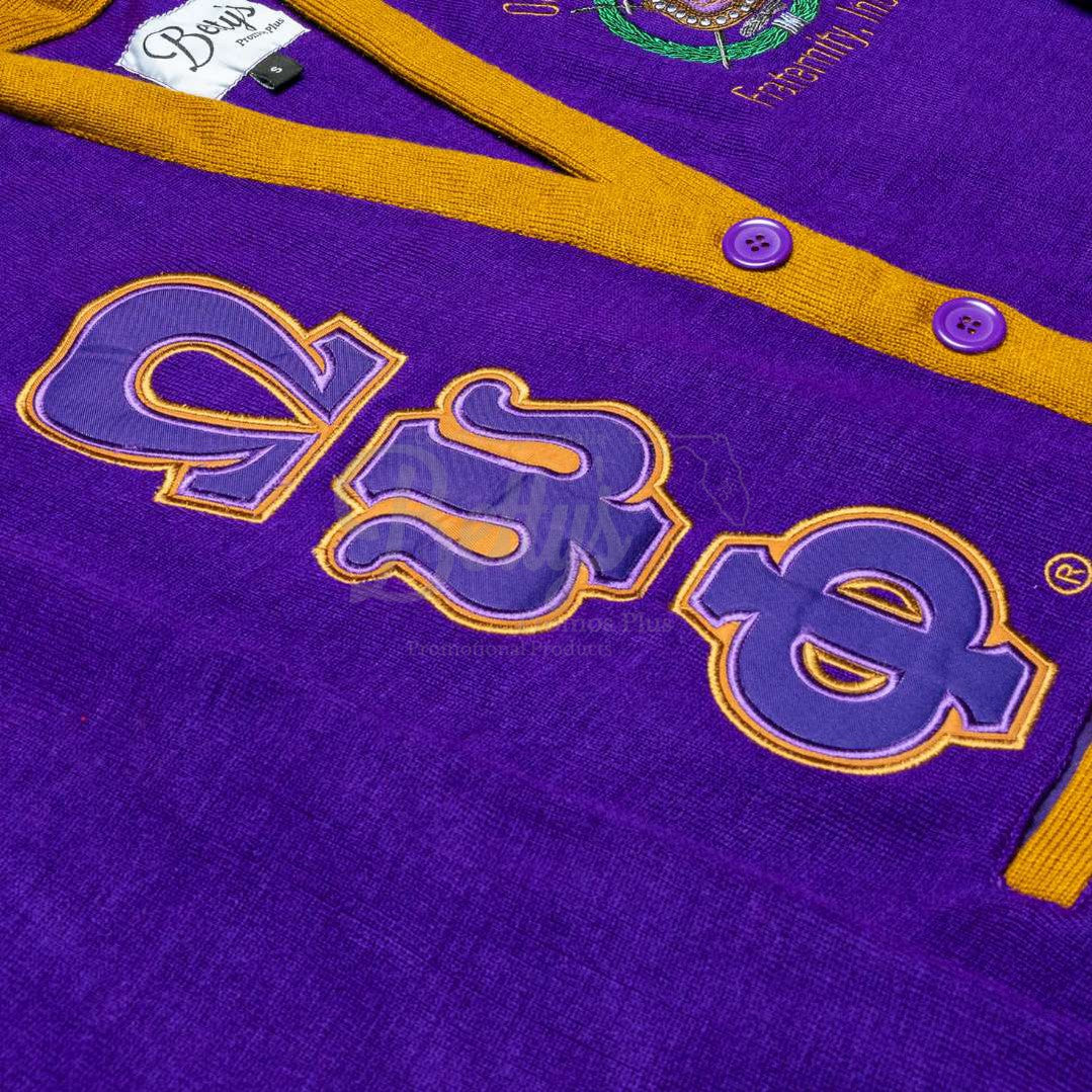 Omega Psi Phi ΩΨΦ Cardigan Sweater with Double Stitched Twill Embroidered Letters & ΩΨΦ Shield-Betty's Promos Plus Greek Paraphernalia