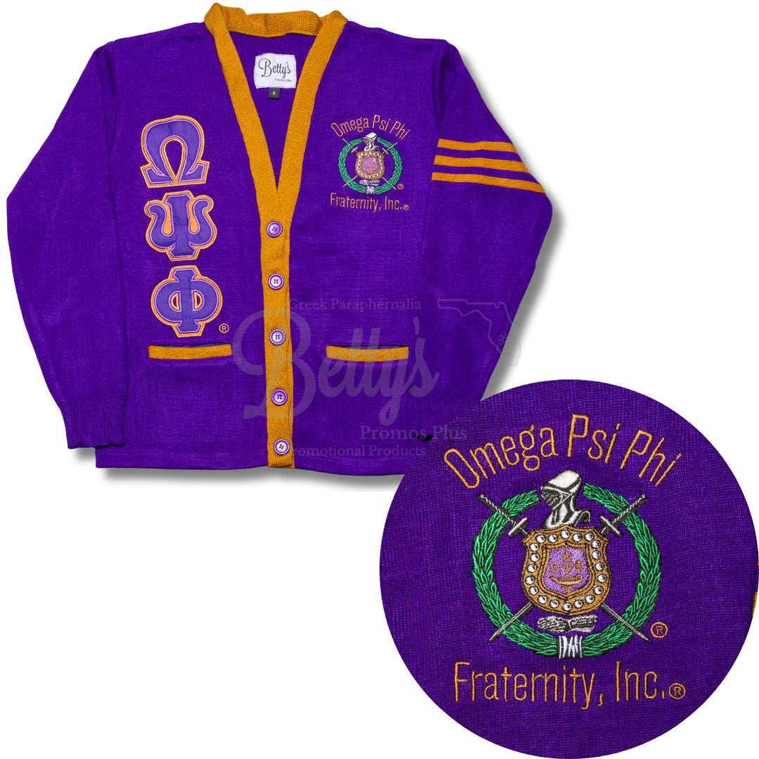 Omega Psi Phi ΩΨΦ Cardigan Sweater with Double Stitched Twill Embroidered Letters & ΩΨΦ Shield-Betty's Promos Plus Greek Paraphernalia