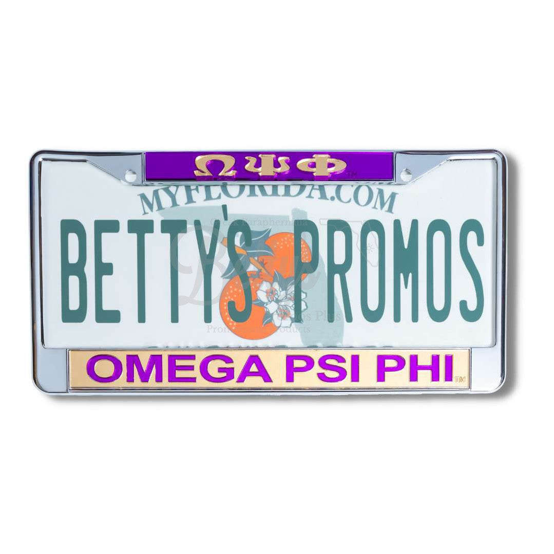 Omega Psi Phi ΩΨΦ Chrome Laser Engraved Mirrored Acrylic Auto Tag License Plate FramePurple Top-Gold Bottom-Betty's Promos Plus Greek Paraphernalia