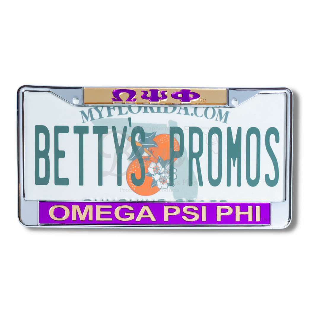 Omega Psi Phi ΩΨΦ Chrome Laser Engraved Mirrored Acrylic Auto Tag License Plate FrameGold Top-Purple Bottom-Betty's Promos Plus Greek Paraphernalia