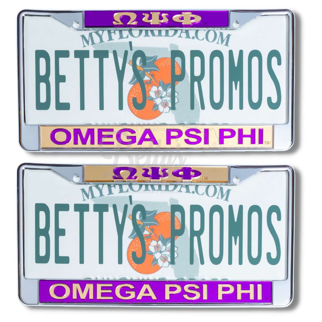 Omega Psi Phi ΩΨΦ Chrome Laser Engraved Mirrored Acrylic Auto Tag License Plate Frame-Betty's Promos Plus Greek Paraphernalia