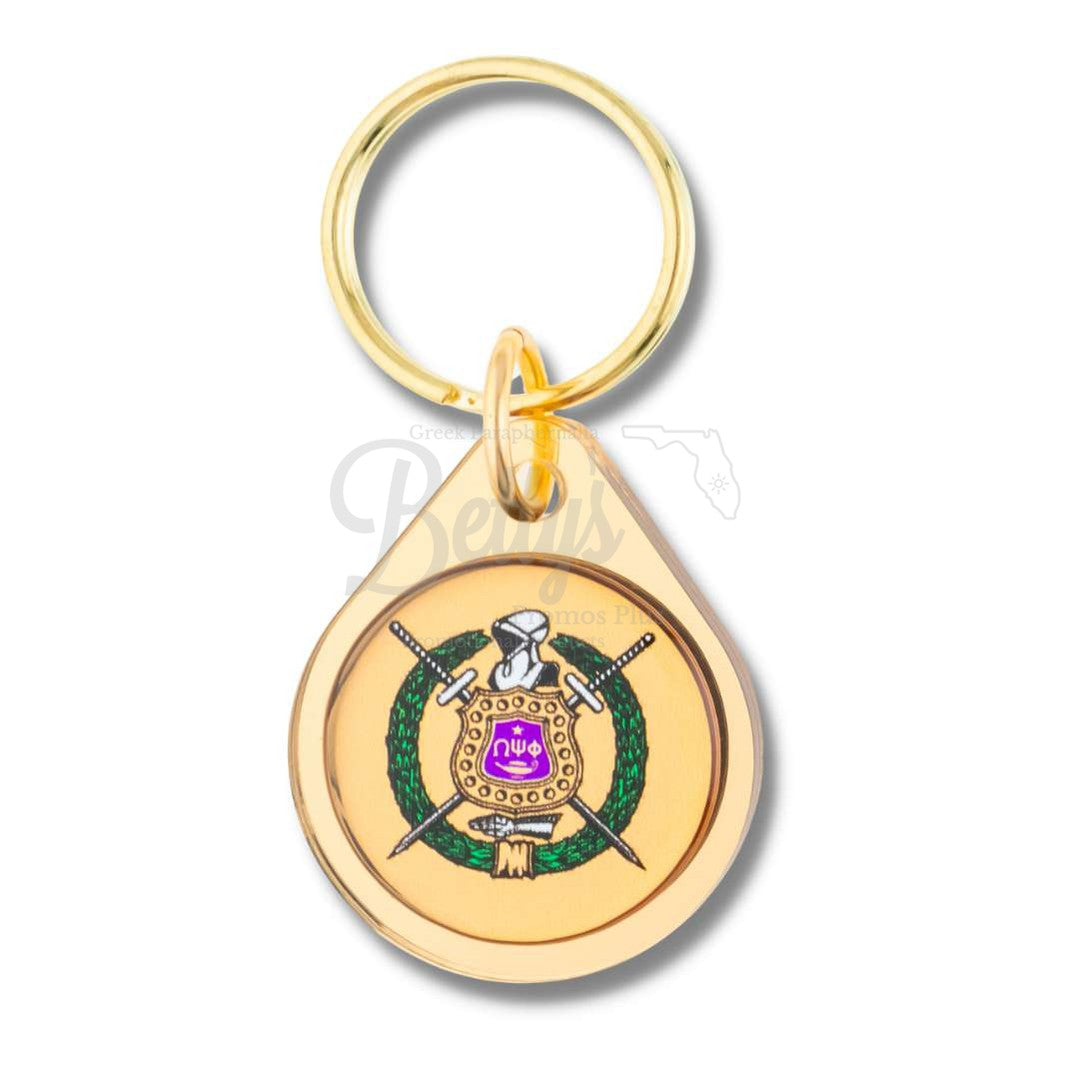 Omega Psi Phi ΩΨΦ Circular Acrylic Keychain with Shield or Greek LettersGold-ΩΨΦ Shield-Betty's Promos Plus Greek Paraphernalia