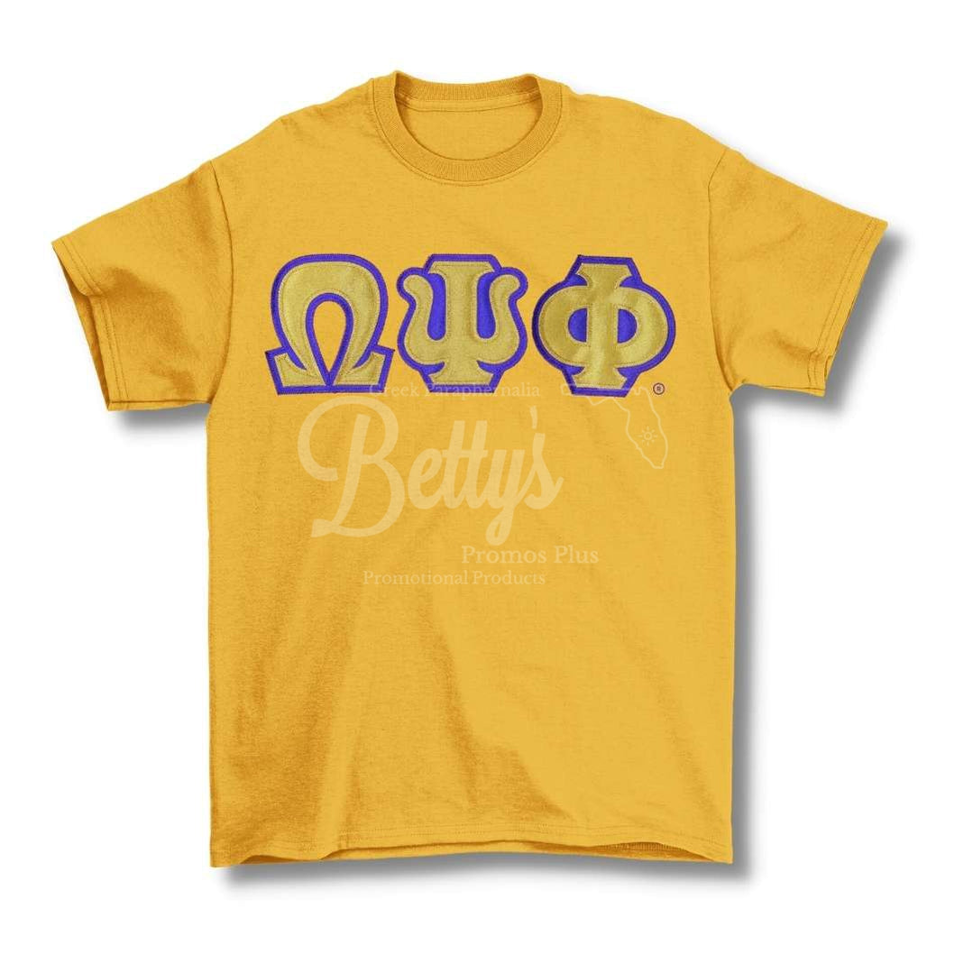 Omega Psi Phi ΩΨΦ Double Stitched Appliqué Embroidered Greek Letter Line T-ShirtGold-Small-Betty's Promos Plus Greek Paraphernalia