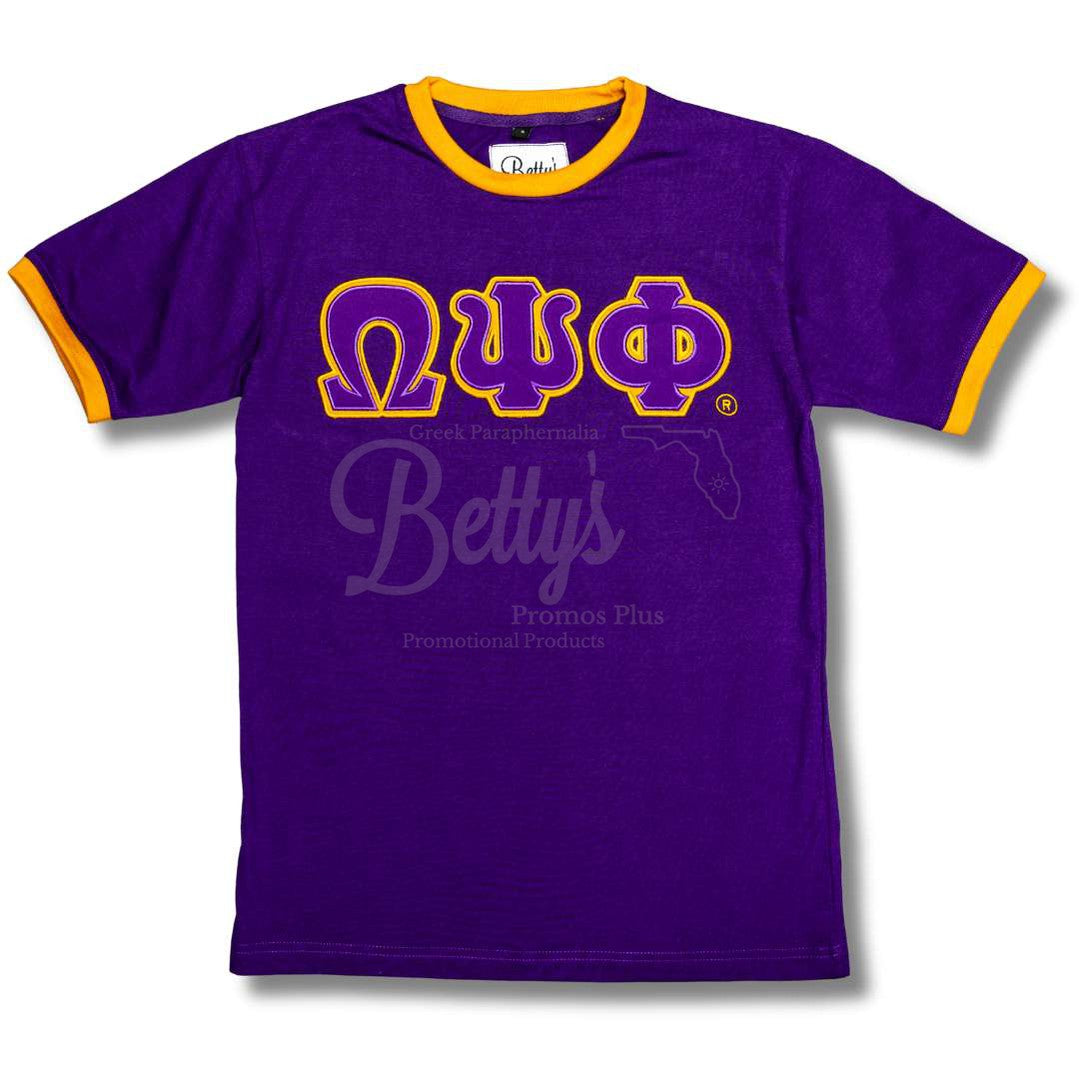 Omega Psi Phi ΩΨΦ Double Stitched Embroidered Ringer T-ShirtPurple-Small-Betty's Promos Plus Greek Paraphernalia