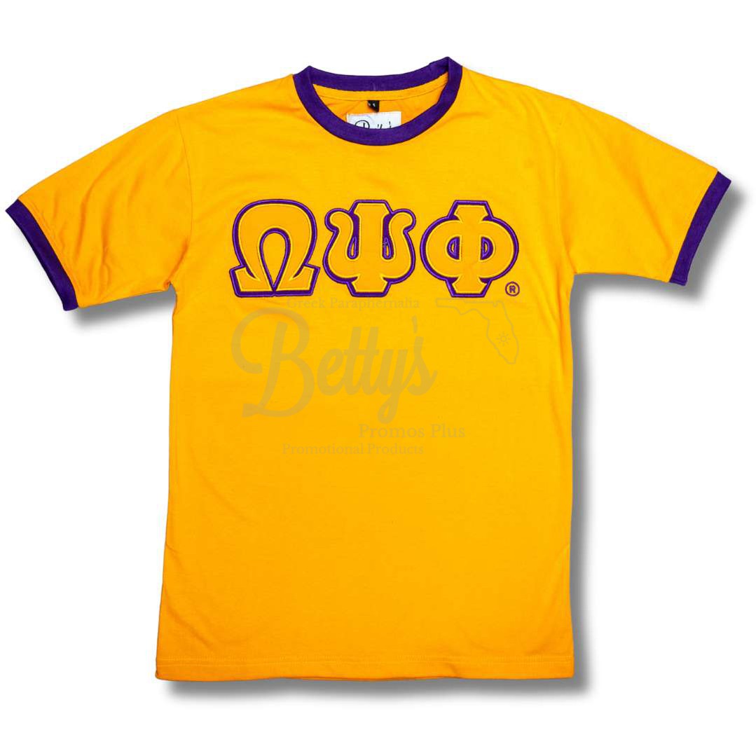 Omega Psi Phi ΩΨΦ Double Stitched Embroidered Ringer T-ShirtGold-Small-Betty's Promos Plus Greek Paraphernalia