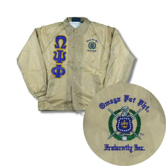 Omega Psi Phi ΩΨΦ Double-Stitched Embroidered Windbreaker Greek Line JacketStandard Lettering-Khaki-Small-Betty's Promos Plus Greek Paraphernalia