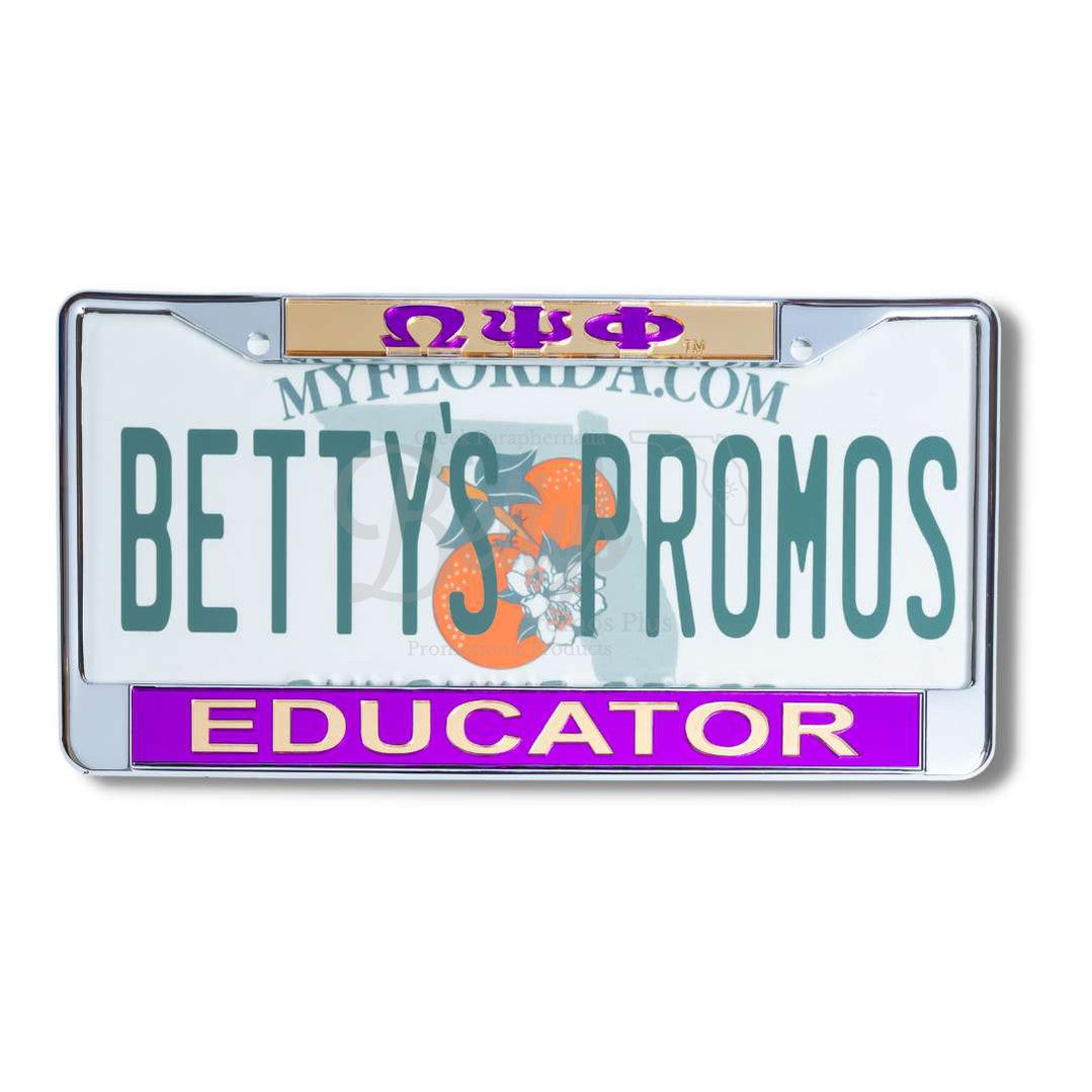 Omega Psi Phi ΩΨΦ Educator Acrylic Mirror Laser Engraved Auto Tag License Plate FrameGold Top-Purple Bottom-Betty's Promos Plus Greek Paraphernalia
