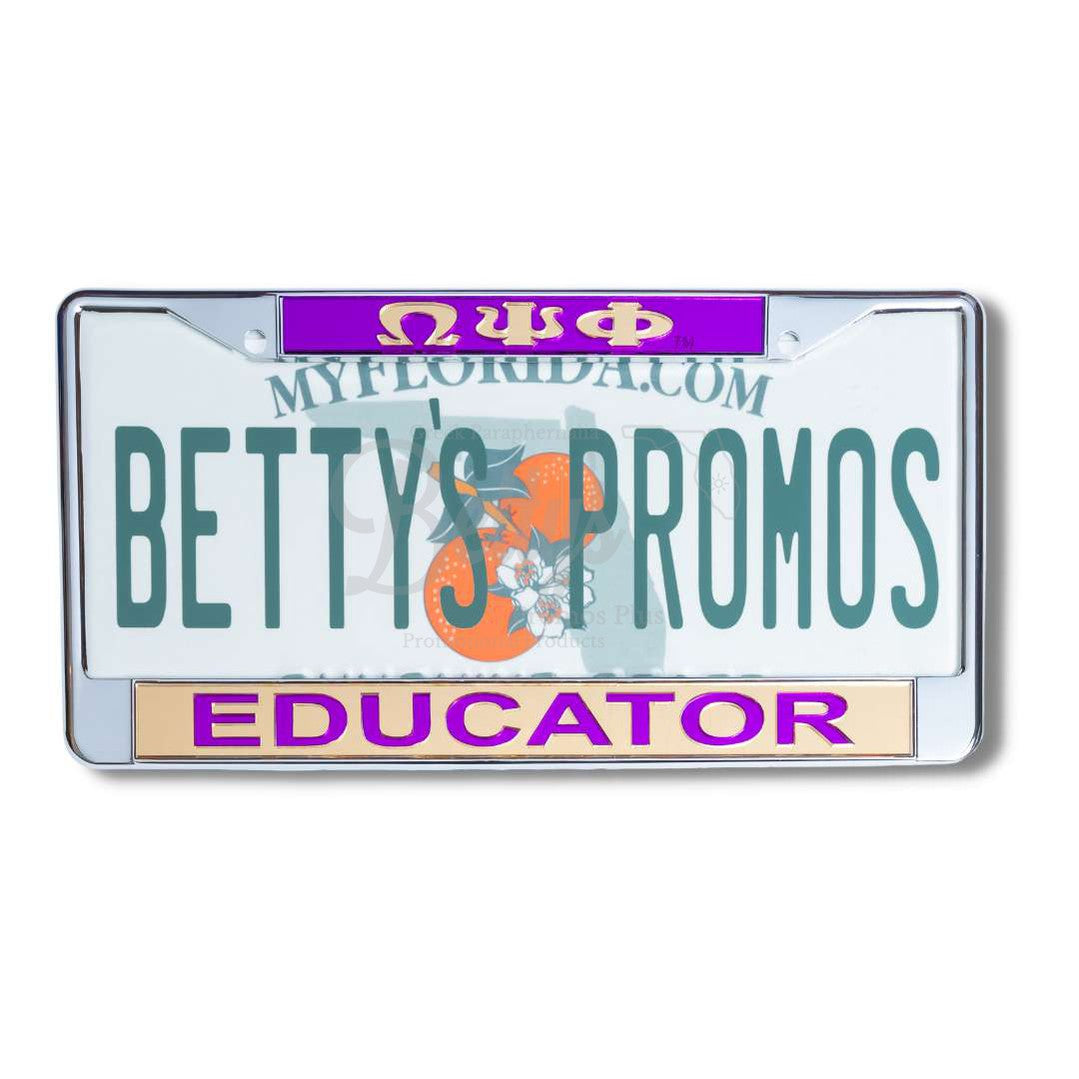 Omega Psi Phi ΩΨΦ Educator Chrome Laser Engraved Mirrored Acrylic Auto Tag License Plate FramePurple Top-Gold Bottom-Betty's Promos Plus Greek Paraphernalia