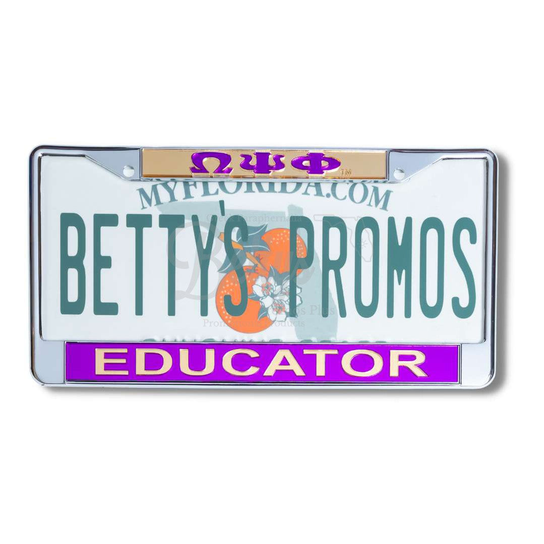 Omega Psi Phi ΩΨΦ Educator Chrome Laser Engraved Mirrored Acrylic Auto Tag License Plate FrameGold Top-Purple Bottom-Betty's Promos Plus Greek Paraphernalia