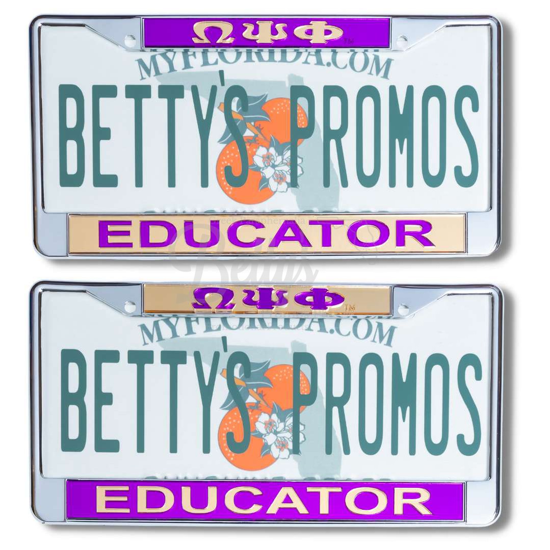 Omega Psi Phi ΩΨΦ Educator Chrome Laser Engraved Mirrored Acrylic Auto Tag License Plate Frame-Betty's Promos Plus Greek Paraphernalia