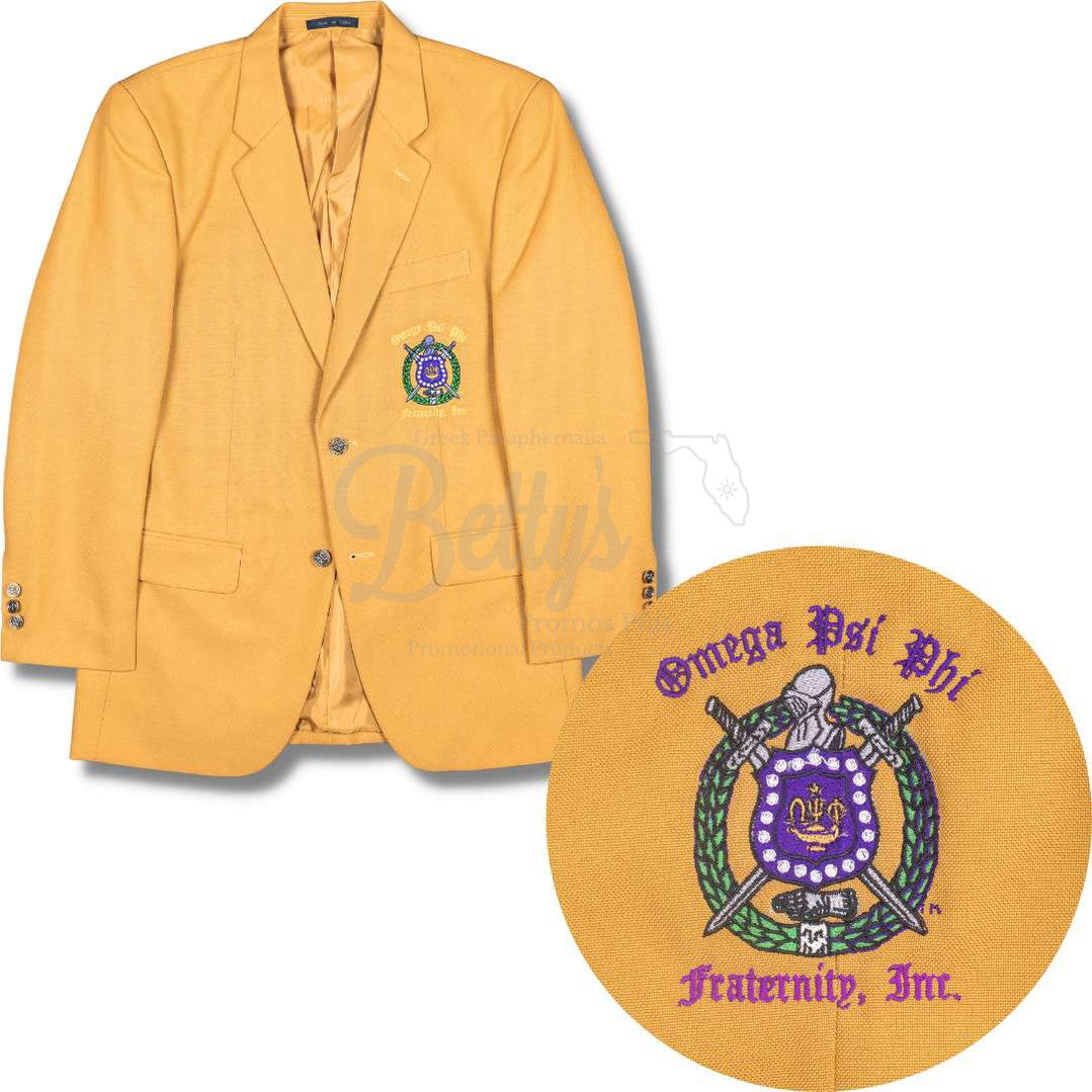 Omega Psi Phi ΩΨΦ Embroidered Shield Crest Blazer Sport CoatGold-Regular-36-Betty's Promos Plus Greek Paraphernalia