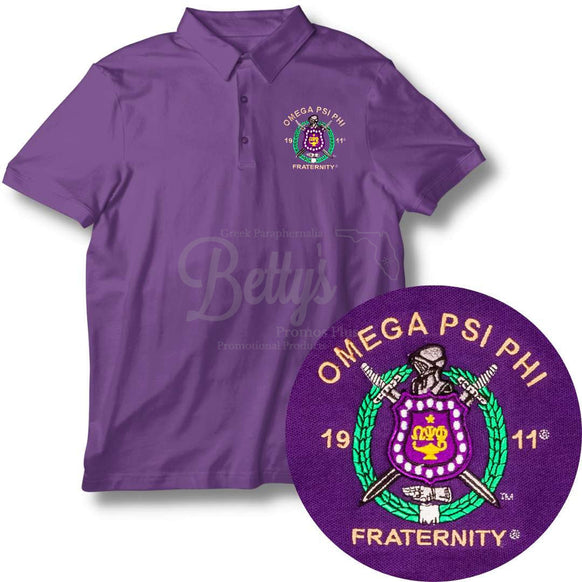 Omega Psi Phi ΩΨΦ Embroidered Shield Polo Golf ShirtPique-Purple-Small-Betty's Promos Plus Greek Paraphernalia