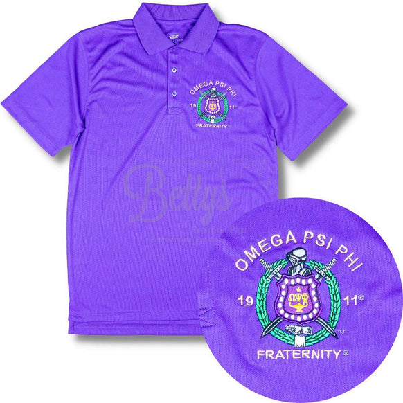 Omega Psi Phi ΩΨΦ Embroidered Shield Polo Golf ShirtDry Fit-Purple-Small-Betty's Promos Plus Greek Paraphernalia
