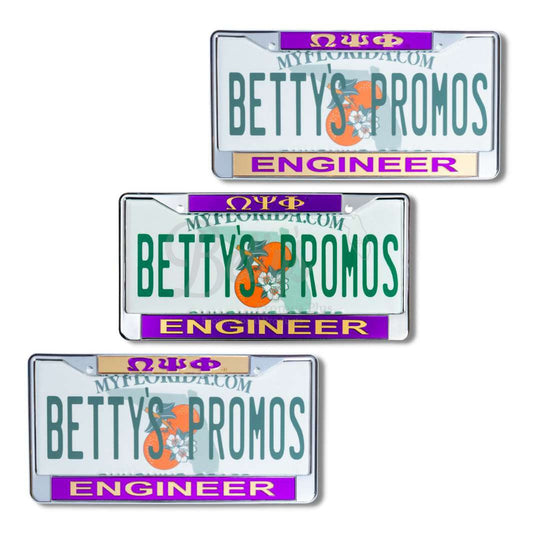 Omega Psi Phi ΩΨΦ Engineer Acrylic Mirror Laser Engraved Auto Tag License Plate Frame-Betty's Promos Plus Greek Paraphernalia