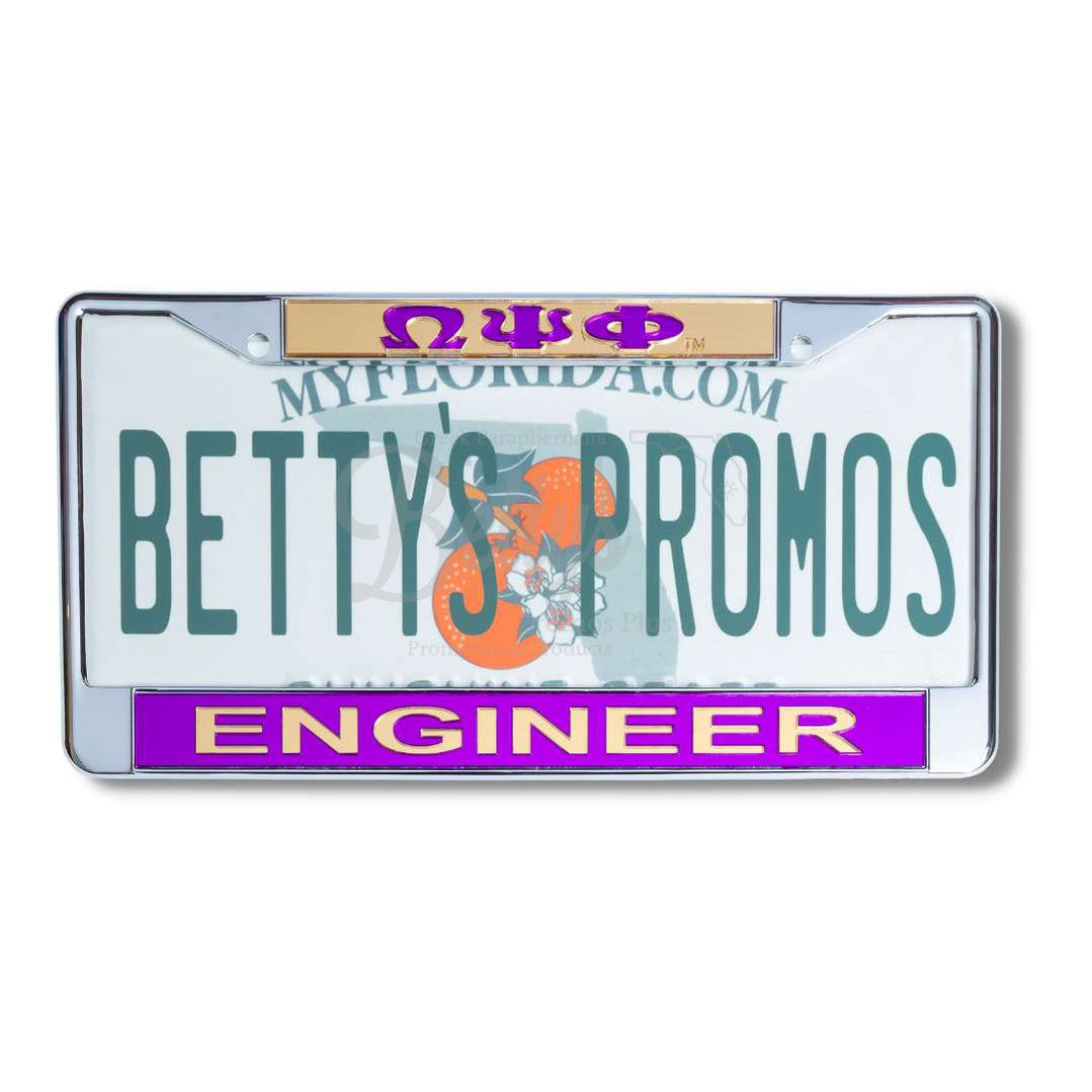 Omega Psi Phi ΩΨΦ Engineer Chrome Laser Engraved Mirrored Acrylic Auto Tag License Plate FrameGold Top-Purple Bottom-Betty's Promos Plus Greek Paraphernalia