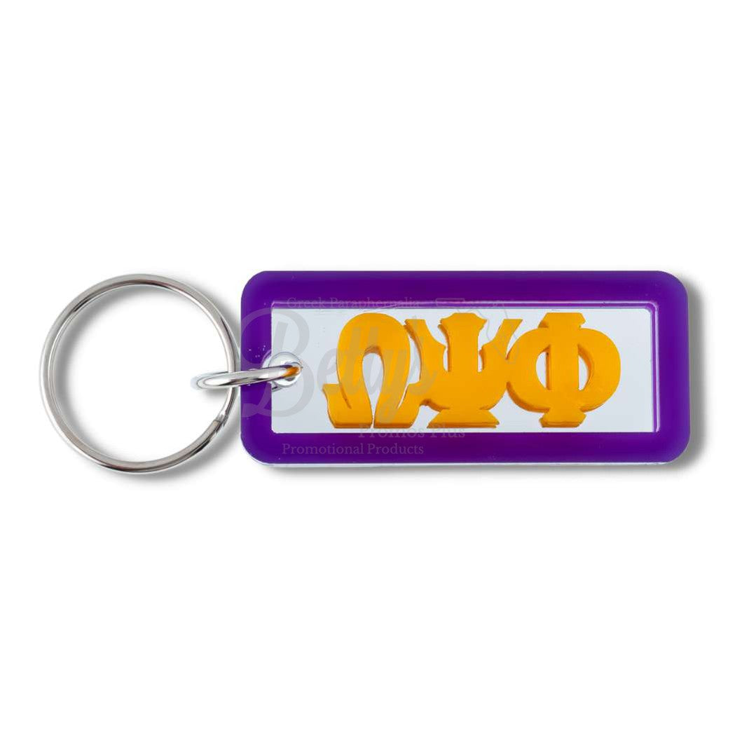 Omega Psi Phi ΩΨΦ Greek Letters Rectangular Acrylic Mirror Keychain with Purple TrimPurple-Betty's Promos Plus Greek Paraphernalia
