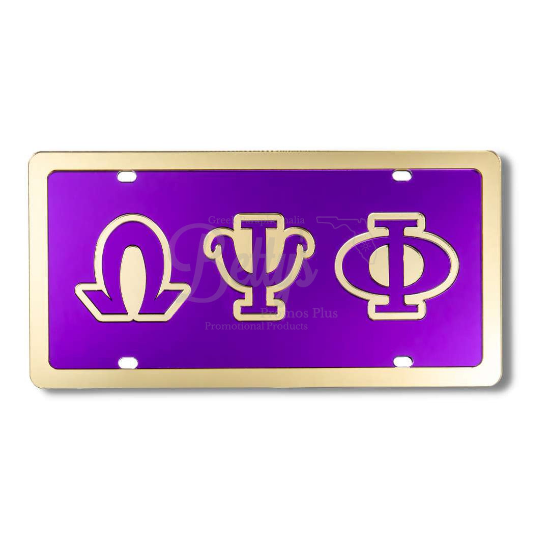 Omega Psi Phi ΩΨΦ Laser Engraved Mirrored Acrylic Auto Tag License PlatePurple Background-Gold Letter Trim-Gold Trim-Betty's Promos Plus Greek Paraphernalia