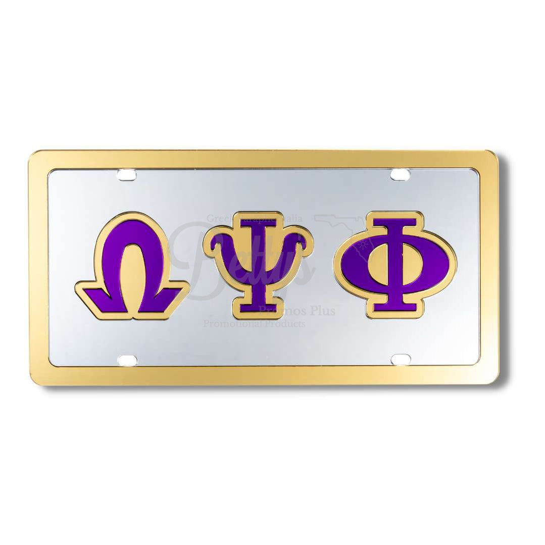 Omega Psi Phi ΩΨΦ Laser Engraved Mirrored Acrylic Auto Tag License PlateSilver Background-Gold Letter Trim-Gold Trim-Betty's Promos Plus Greek Paraphernalia