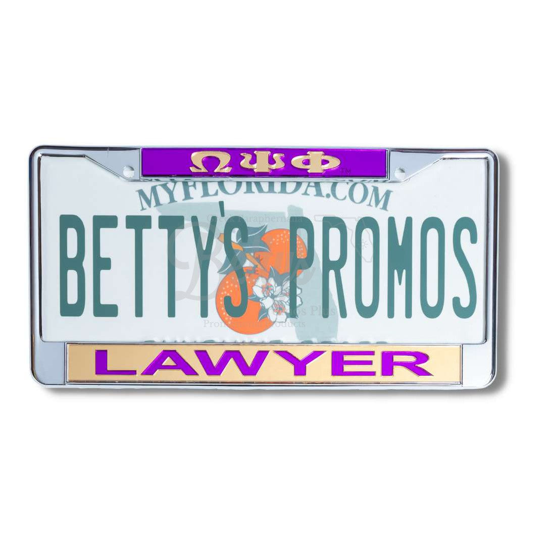 Omega Psi Phi ΩΨΦ Lawyer Chrome Laser Engraved Mirrored Acrylic Auto Tag License Plate FramePurple Top-Gold Bottom-Betty's Promos Plus Greek Paraphernalia