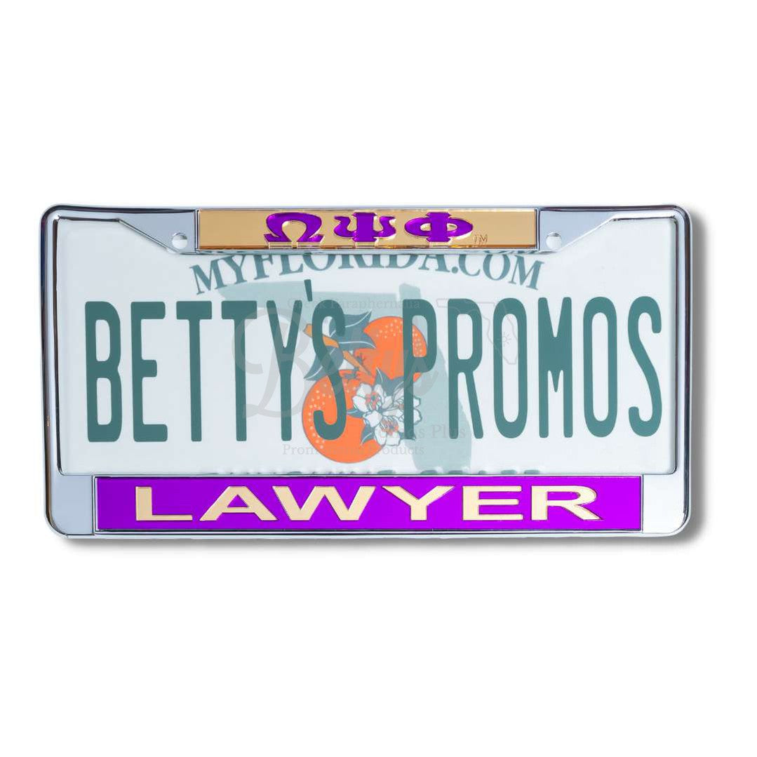 Omega Psi Phi ΩΨΦ Lawyer Chrome Laser Engraved Mirrored Acrylic Auto Tag License Plate FrameGold Top-Purple Bottom-Betty's Promos Plus Greek Paraphernalia