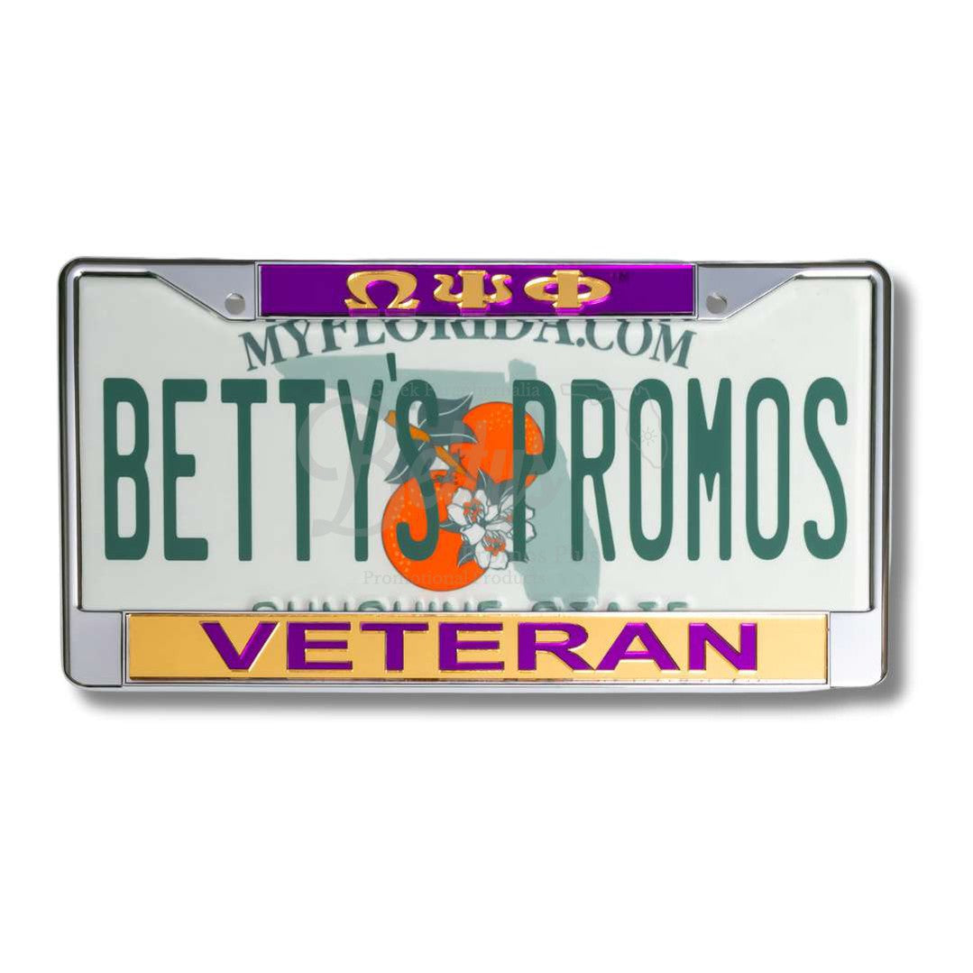 Omega Psi Phi ΩΨΦ Veteran Chrome Laser Engraved Mirrored Acrylic Auto Tag License Plate FramePurple Top-Gold Bottom-Betty's Promos Plus Greek Paraphernalia