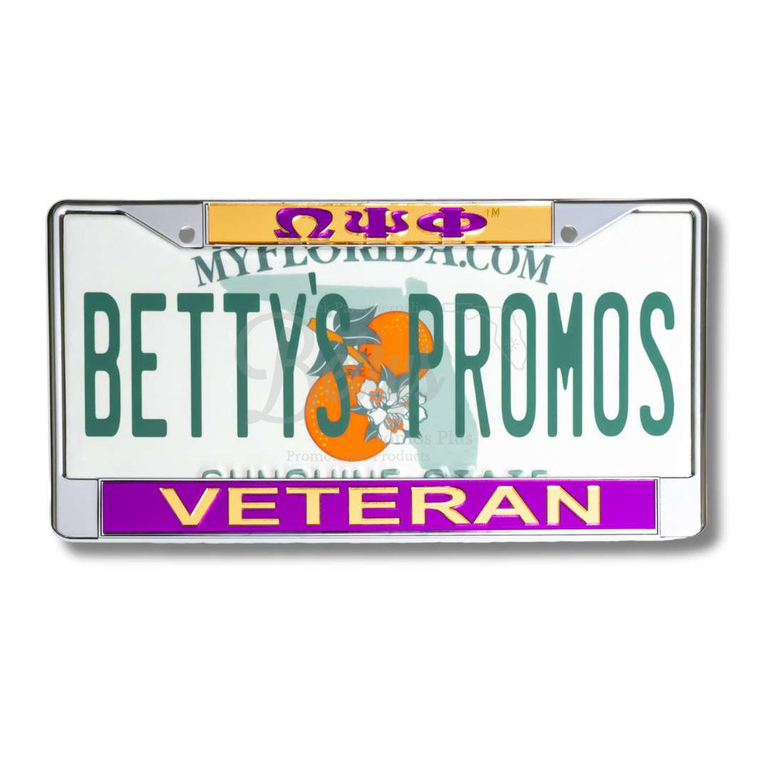 Omega Psi Phi ΩΨΦ Veteran Chrome Laser Engraved Mirrored Acrylic Auto Tag License Plate FrameGold Top-Purple Bottom-Betty's Promos Plus Greek Paraphernalia