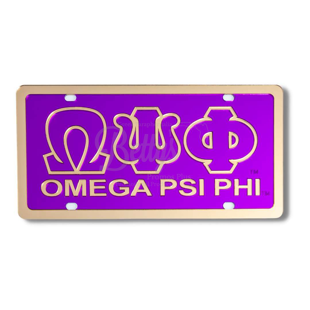 Omega Psi Phi ΩΨΦ with Omega Psi Phi Acrylic Laser Engraved Auto Tag Car License PlatePurple Background-Gold Trim-Betty's Promos Plus Greek Paraphernalia