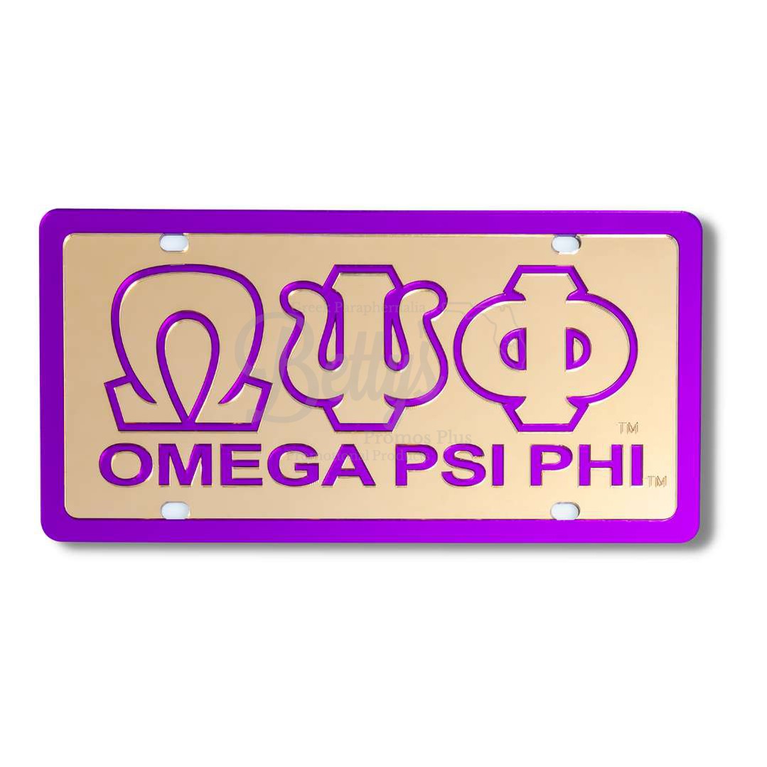 Omega Psi Phi ΩΨΦ with Omega Psi Phi Acrylic Laser Engraved Auto Tag Car License PlateGold Background-Purple Trim-Betty's Promos Plus Greek Paraphernalia