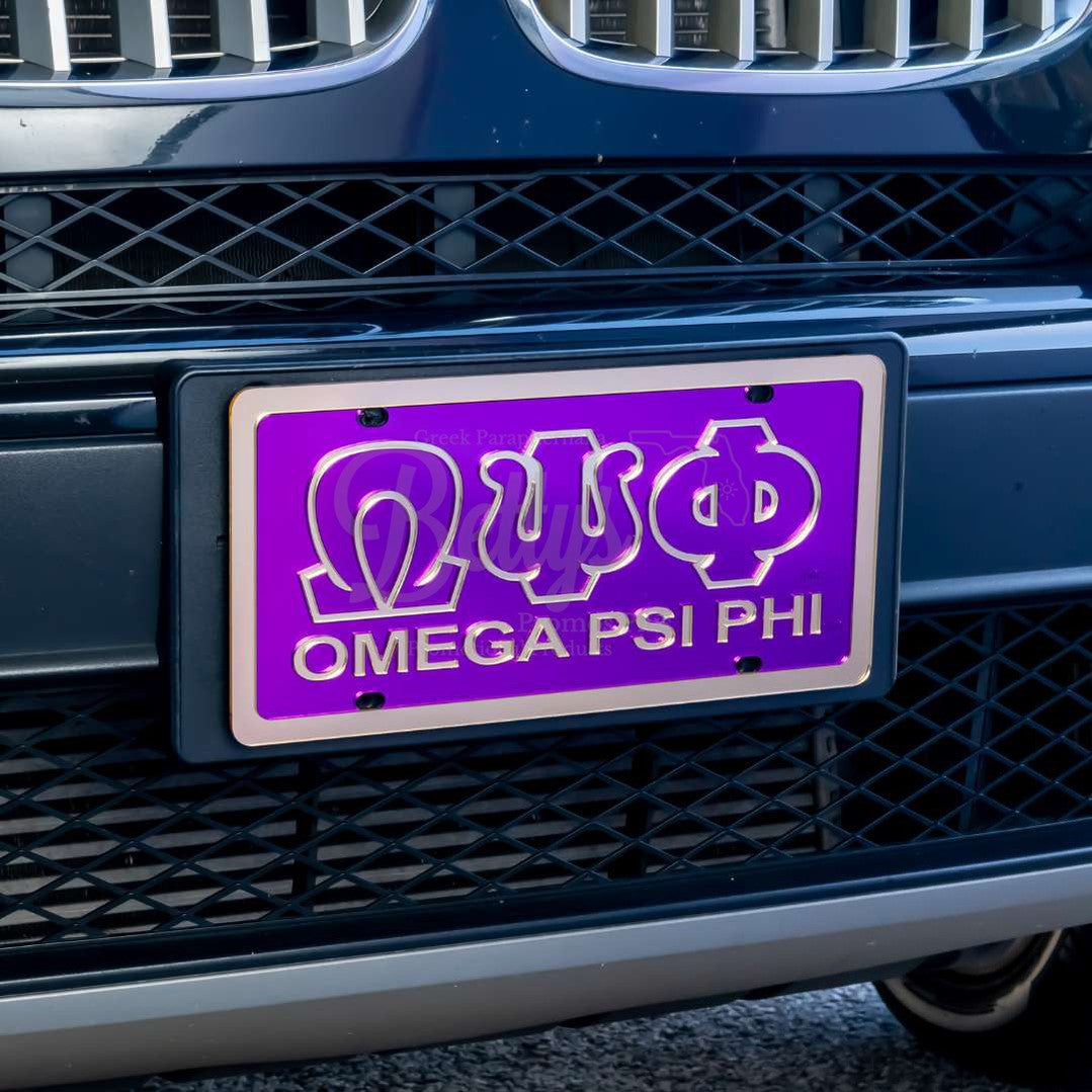 Omega Psi Phi ΩΨΦ with Omega Psi Phi Laser Engraved Mirrored Acrylic Auto Tag License Plate-Betty's Promos Plus Greek Paraphernalia