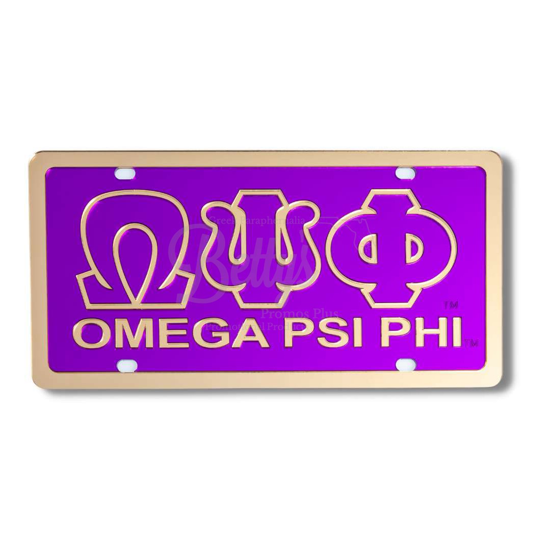 Omega Psi Phi ΩΨΦ with Omega Psi Phi Laser Engraved Mirrored Acrylic Auto Tag License PlatePurple Background-Gold Trim-Betty's Promos Plus Greek Paraphernalia