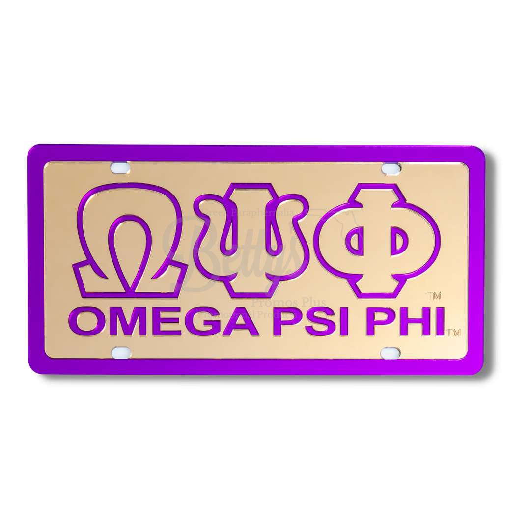 Omega Psi Phi ΩΨΦ with Omega Psi Phi Laser Engraved Mirrored Acrylic Auto Tag License PlateGold Background-Purple Trim-Betty's Promos Plus Greek Paraphernalia