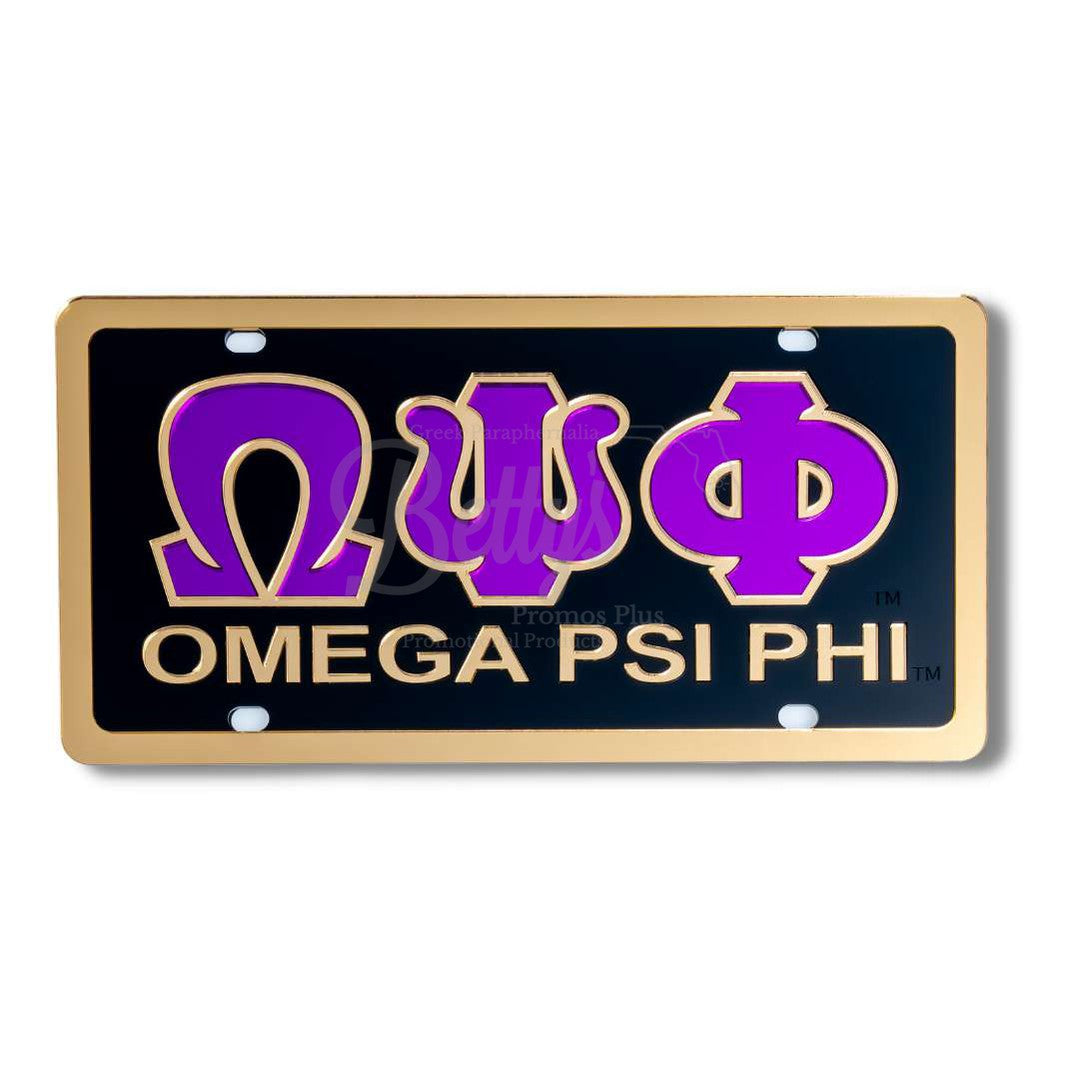 Omega Psi Phi ΩΨΦ with Omega Psi Phi Laser Engraved Mirrored Acrylic Auto Tag License PlateBlack Background-Gold Trim-Betty's Promos Plus Greek Paraphernalia