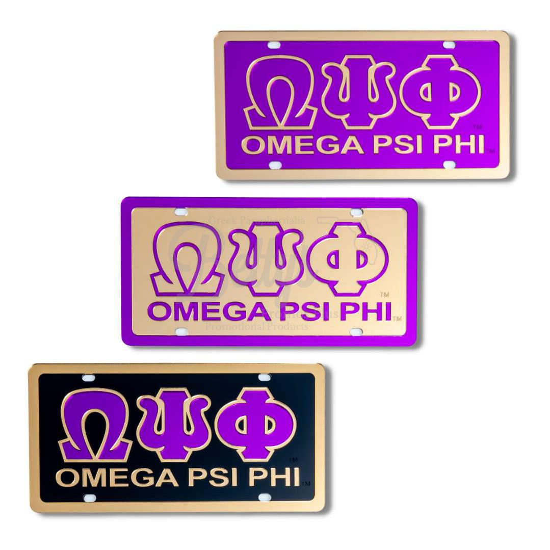 Omega Psi Phi ΩΨΦ with Omega Psi Phi Laser Engraved Mirrored Acrylic Auto Tag License Plate-Betty's Promos Plus Greek Paraphernalia