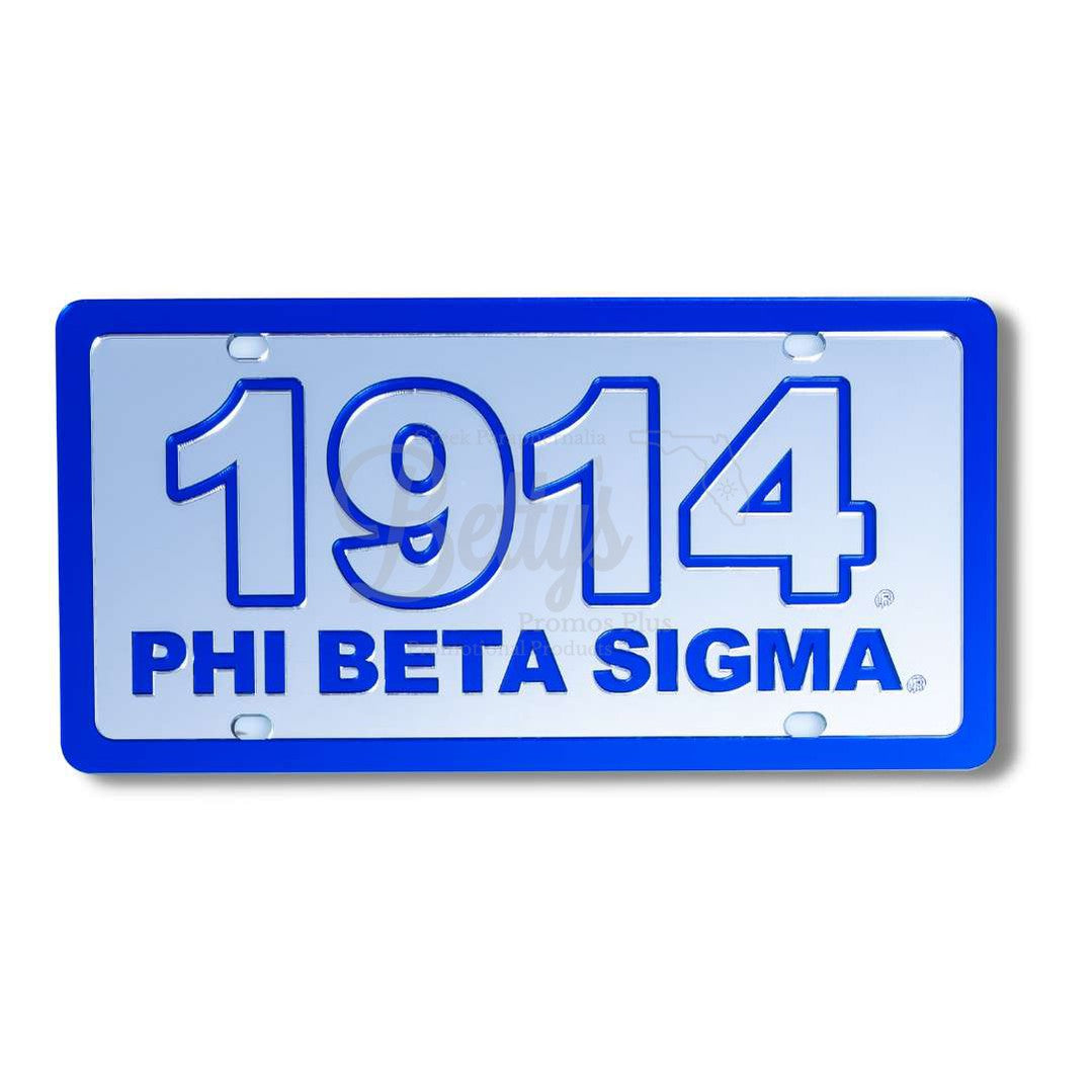 Phi Beta Sigma ΦΒΣ 1914 with Phi Beta Sigma Acrylic Mirror Laser Engraved Auto Tag License PlateSilver Background-Blue Trim-Betty's Promos Plus Greek Paraphernalia