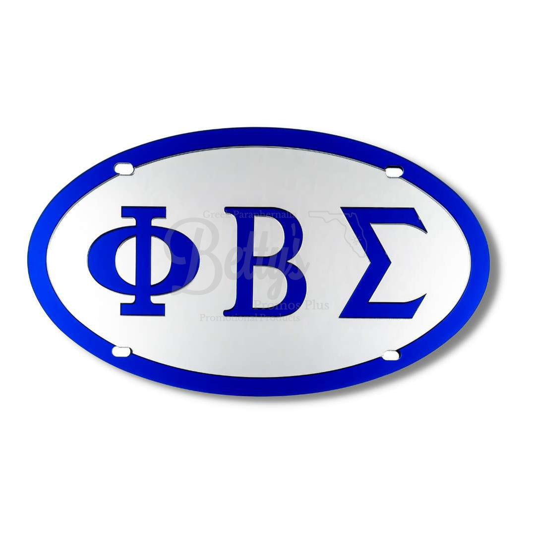 Phi Beta Sigma ΦΒΣ No Trim Acrylic Mirror Laser Engraved Oval Auto Tag License PlateSilver Background-Blue Trim-Betty's Promos Plus Greek Paraphernalia