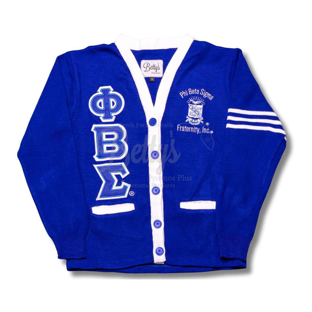 Phi Beta Sigma ΦΒΣ Cardigan Sweater with Double Stitched Twill Embroidered Letters & ΦΒΣ ShieldBlue-White Trim-Small-Betty's Promos Plus Greek Paraphernalia