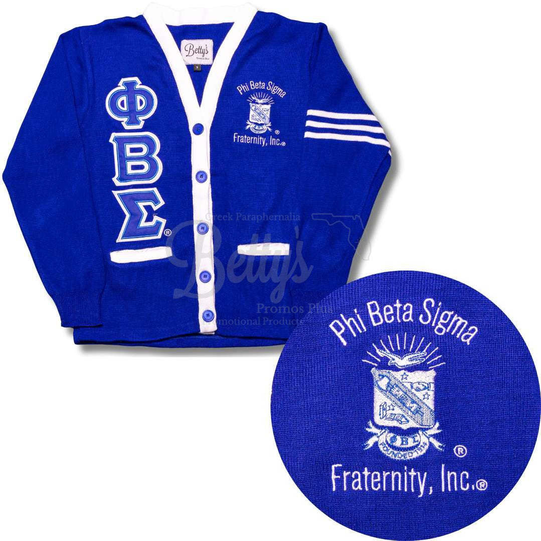 Phi Beta Sigma ΦΒΣ Cardigan Sweater with Double Stitched Twill Embroidered Letters & ΦΒΣ Shield-Betty's Promos Plus Greek Paraphernalia