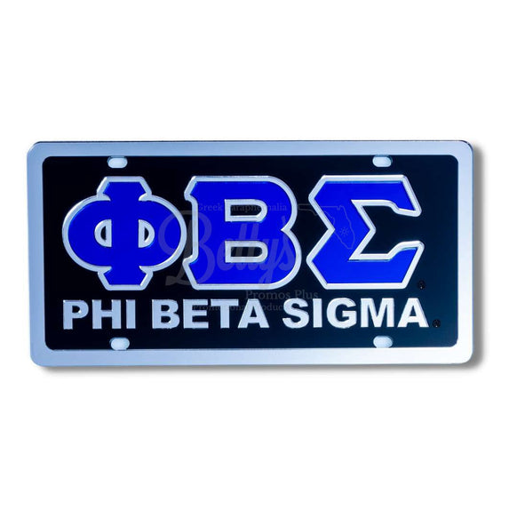 Phi Beta Sigma ΦΒΣ with Phi Beta Sigma Acrylic Mirror Laser Engraved Auto Tag License PlateBlack Background-Silver Trim-Betty's Promos Plus Greek Paraphernalia