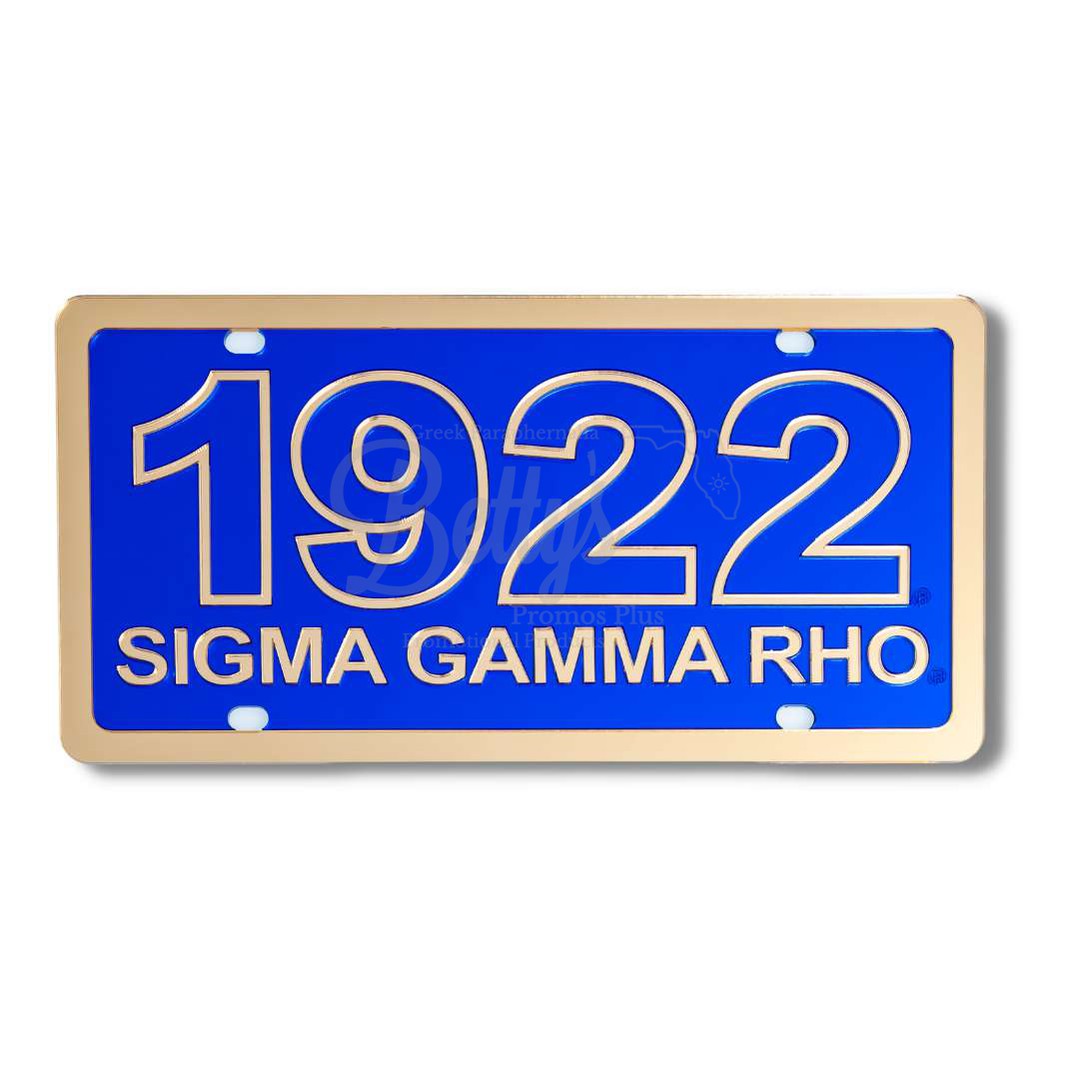 Sigma Gamma Rho ΣΓΡ 1922 with Sigma Gamma Rho Acrylic Laser Engraved Auto Tag Car License PlateBlue Background-Gold Trim-Betty's Promos Plus Greek Paraphernalia
